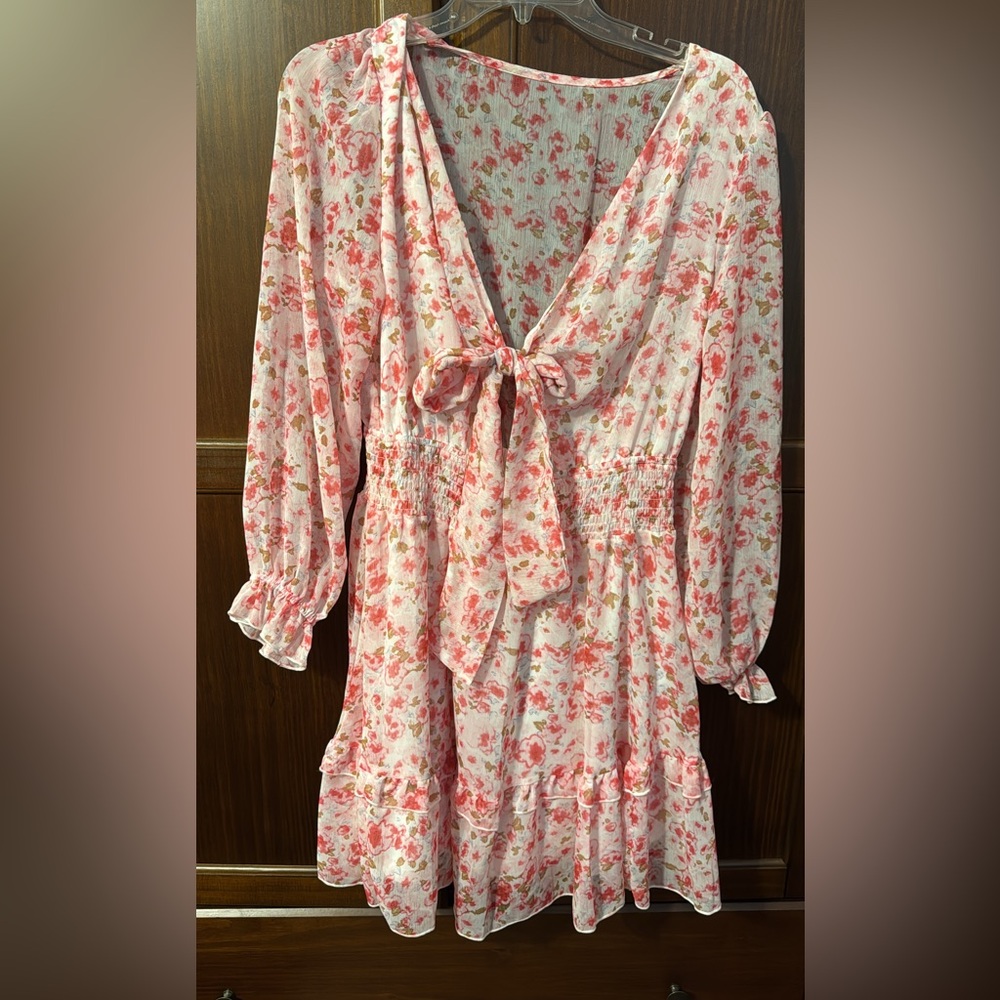 Floral Pink and White Dress with Bow